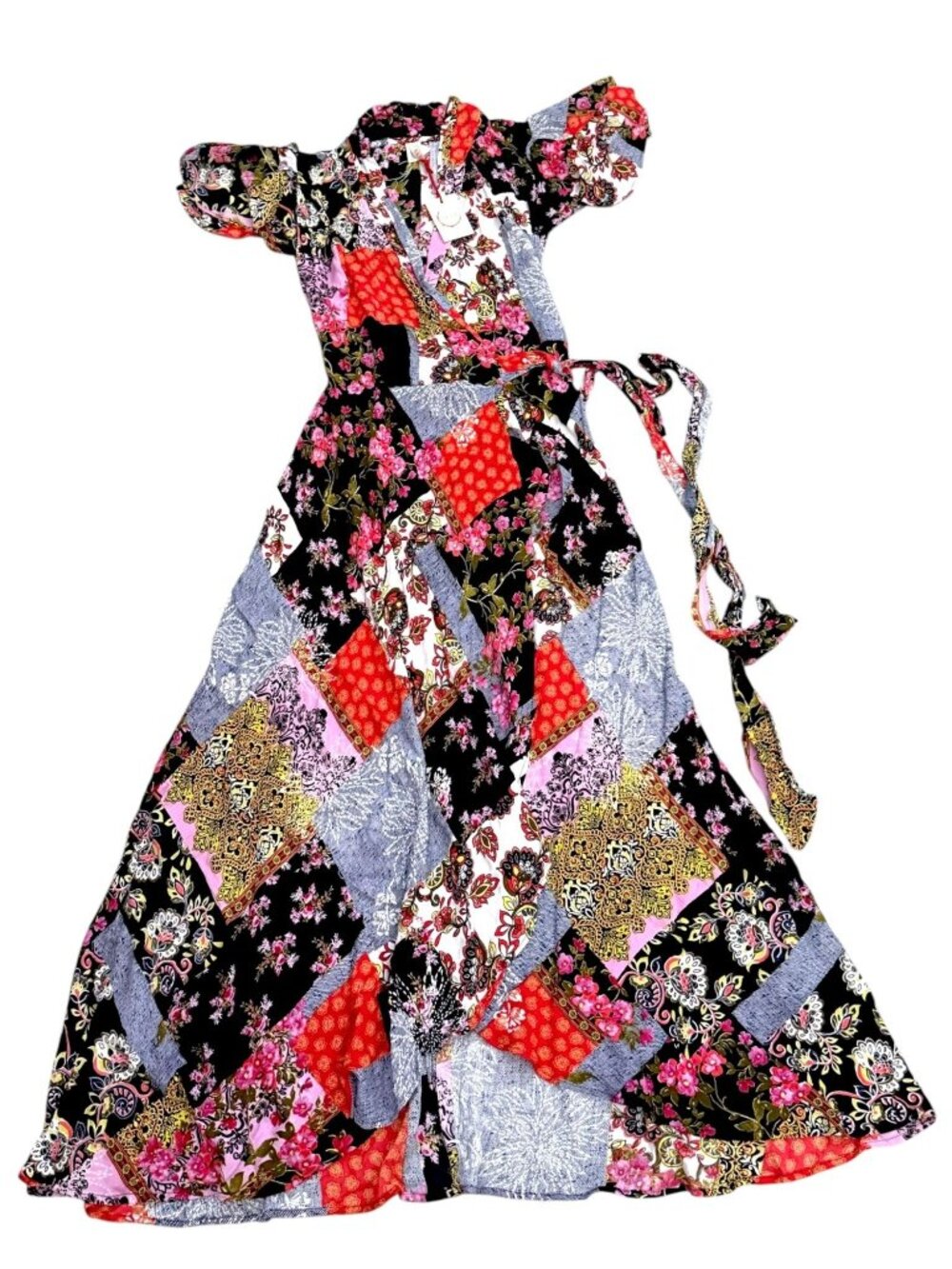 Anthropologie Raga Patchwork Wrap Dress Viscose Floral Multicolor XS
